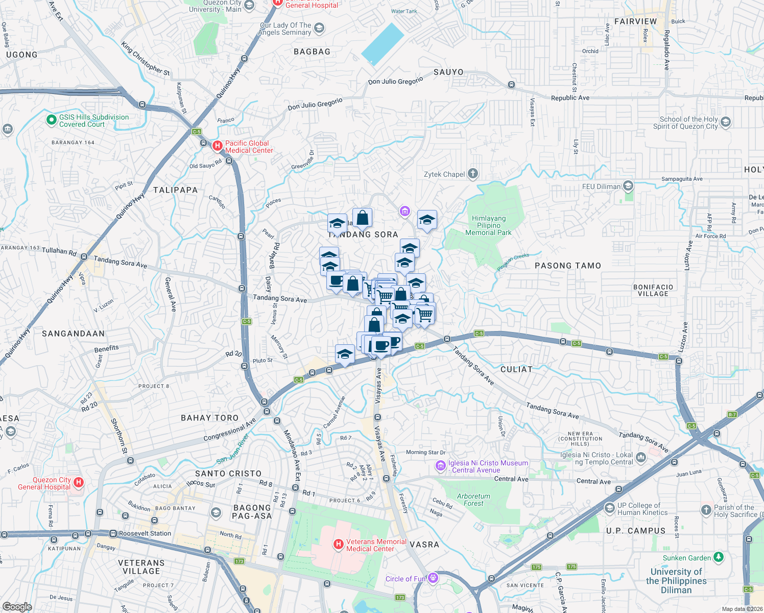 map of restaurants, bars, coffee shops, grocery stores, and more near in Quezon City