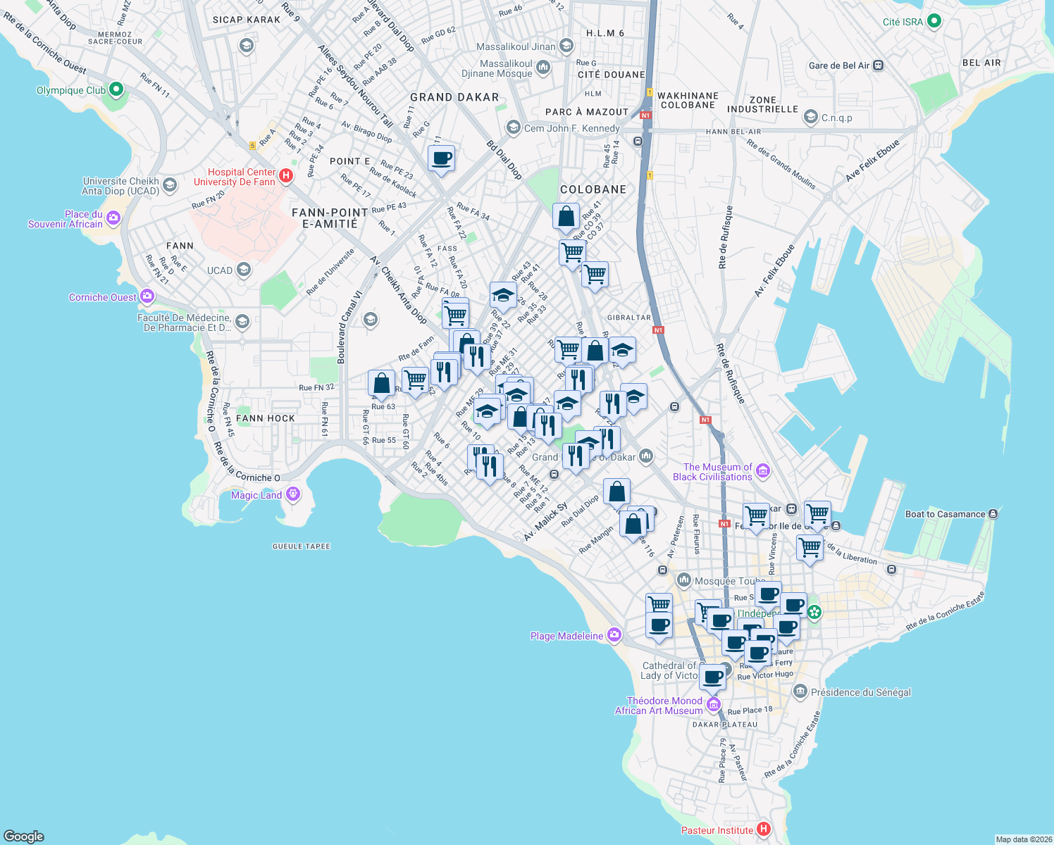 map of restaurants, bars, coffee shops, grocery stores, and more near Avenue Blaise Diagne in Dakar