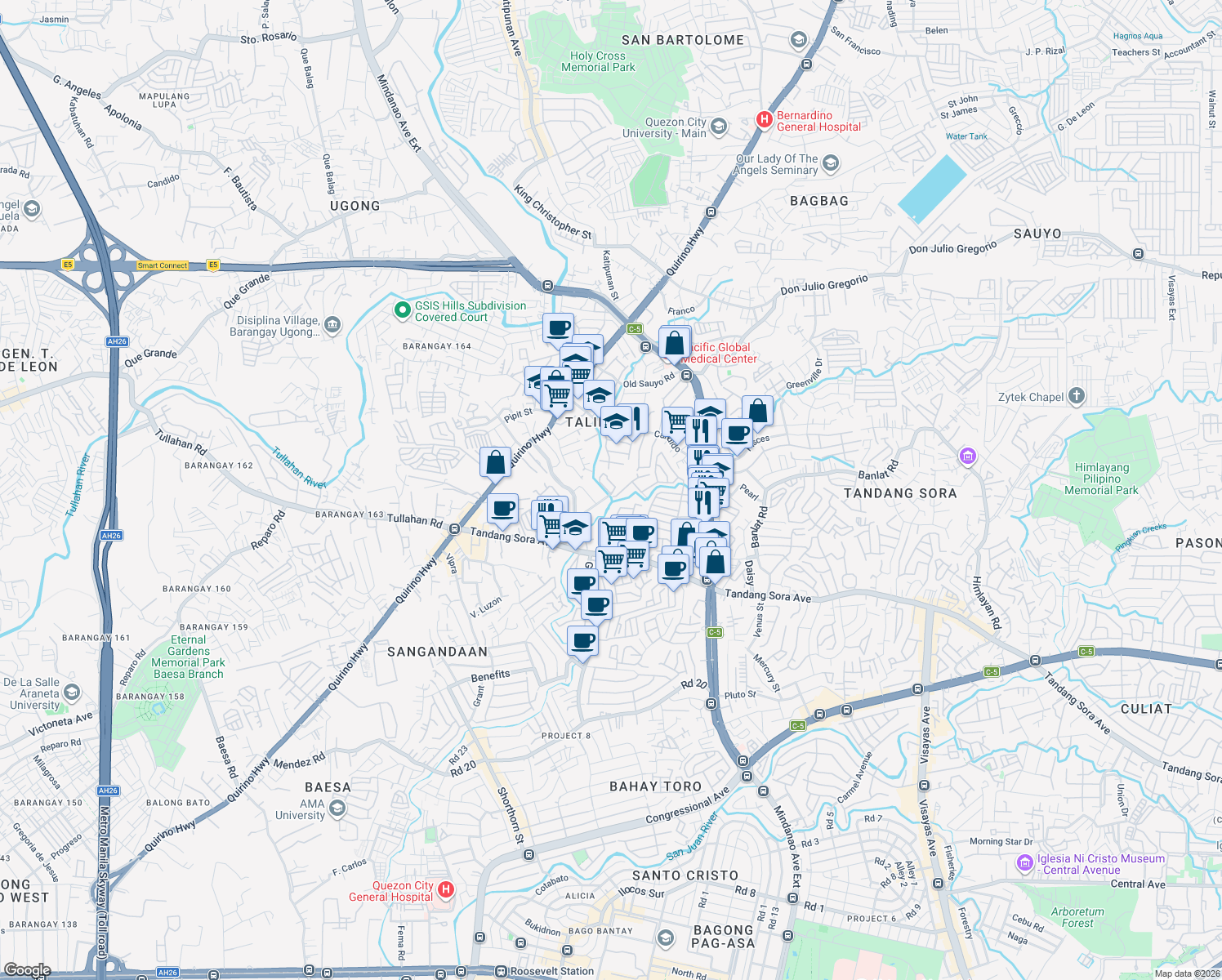 map of restaurants, bars, coffee shops, grocery stores, and more near Tandang Sora Avenue in Quezon City