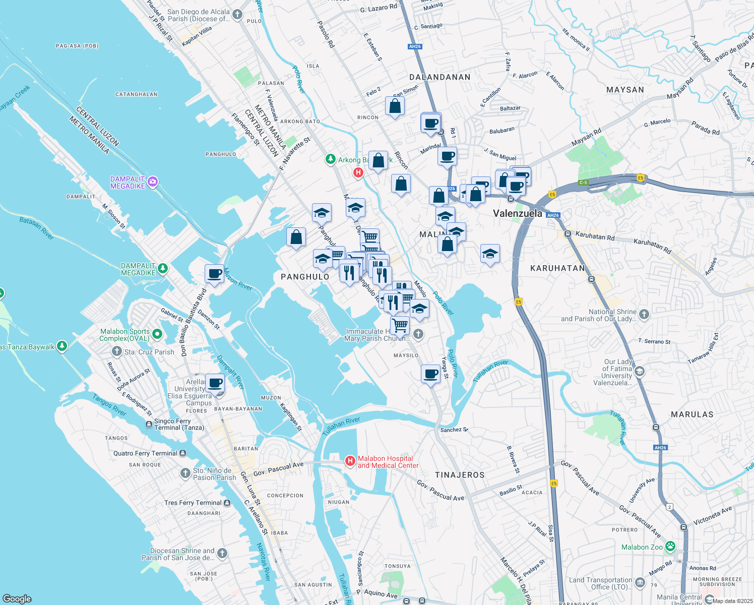 map of restaurants, bars, coffee shops, grocery stores, and more near Panghulo Road in Malabon City