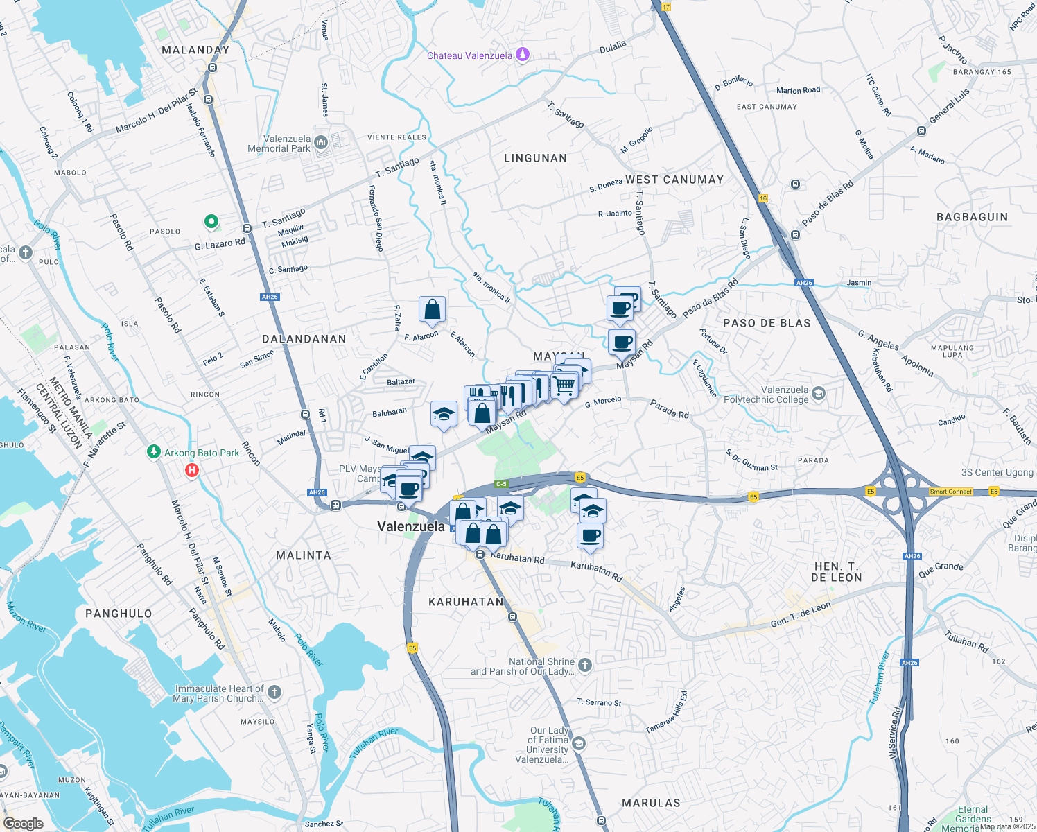 map of restaurants, bars, coffee shops, grocery stores, and more near Maysan Road in Valenzuela City
