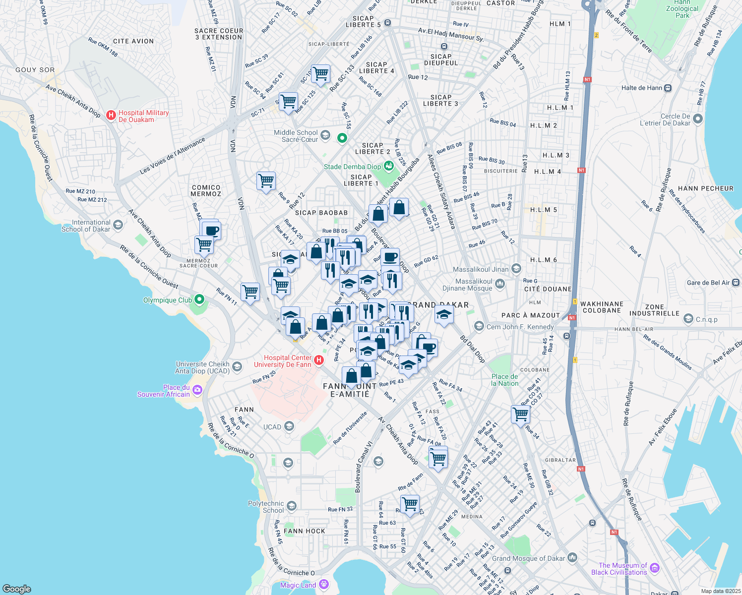 map of restaurants, bars, coffee shops, grocery stores, and more near Allees Seydou Nourou Tall in Dakar