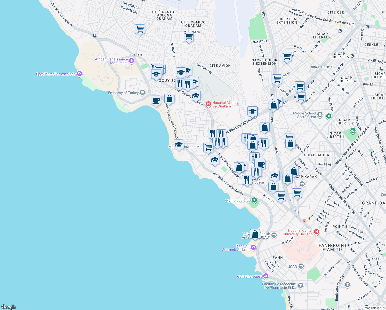 map of restaurants, bars, coffee shops, grocery stores, and more near Route de la Corniche Ouest in Dakar