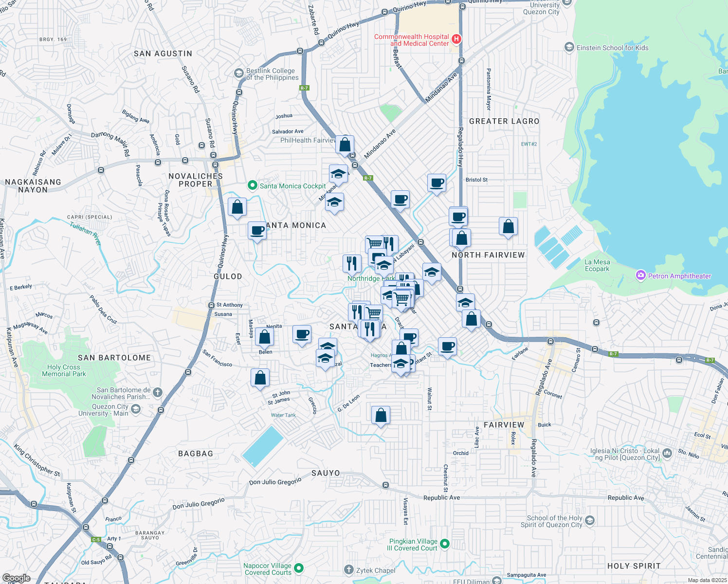map of restaurants, bars, coffee shops, grocery stores, and more near Vancouver Street in Quezon City