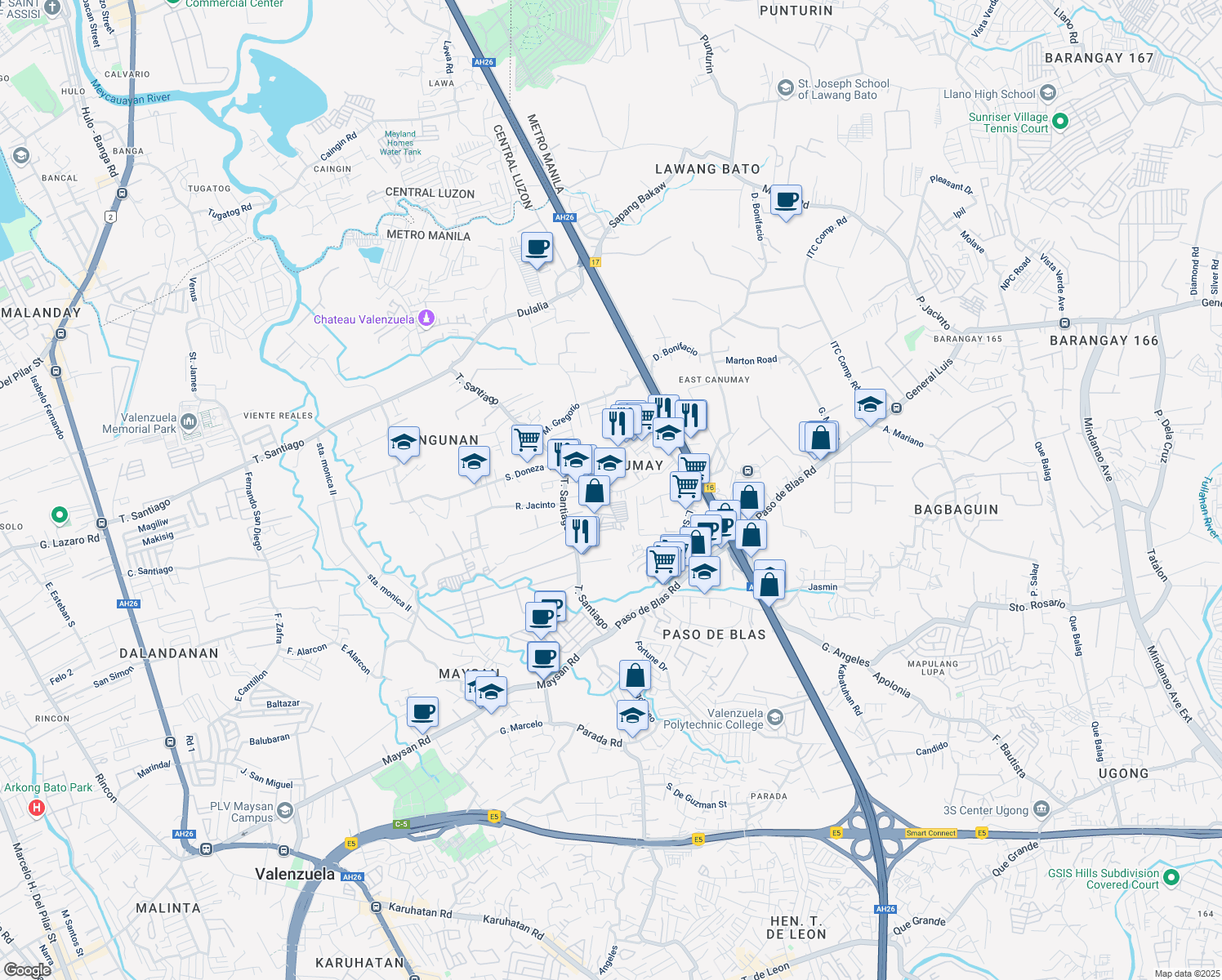 map of restaurants, bars, coffee shops, grocery stores, and more near Kaypandan in Valenzuela City