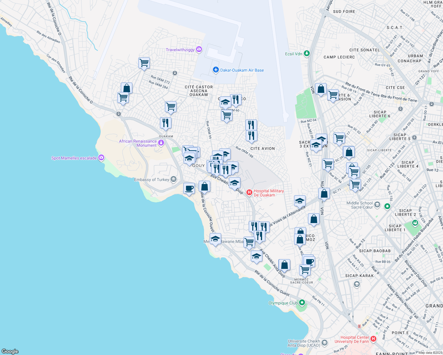 map of restaurants, bars, coffee shops, grocery stores, and more near Avenue Cheikh Anta Diop in Dakar