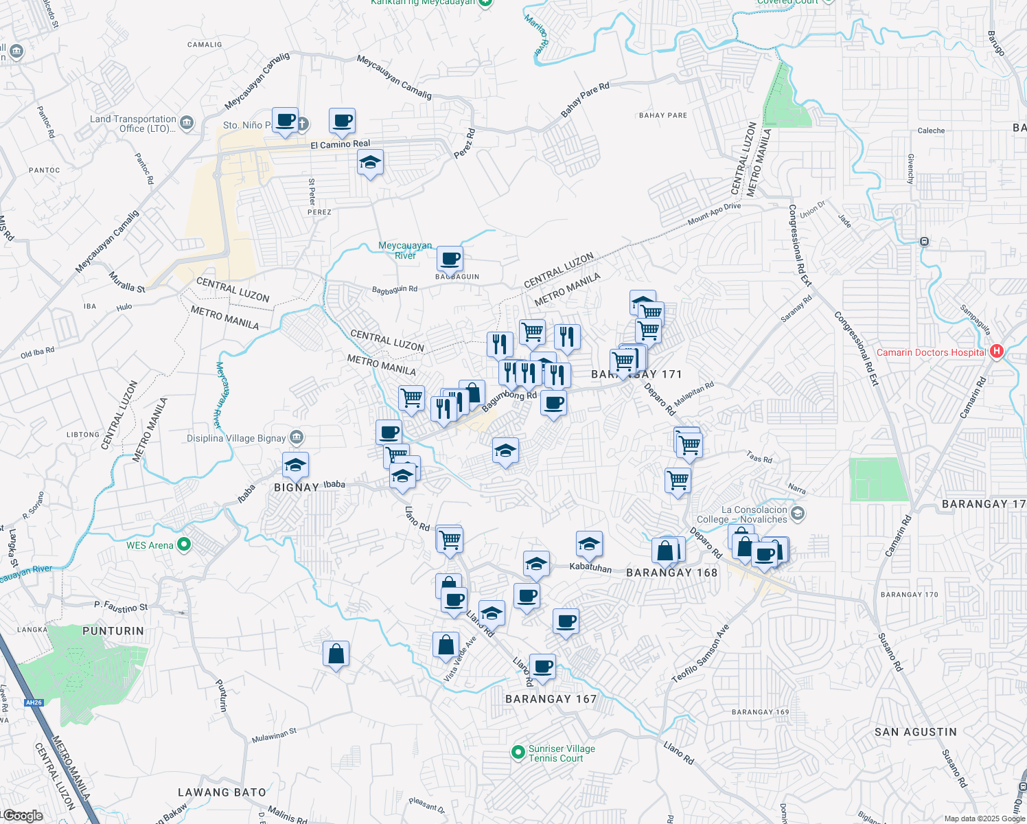 map of restaurants, bars, coffee shops, grocery stores, and more near Bagumbong Road in Caloocan