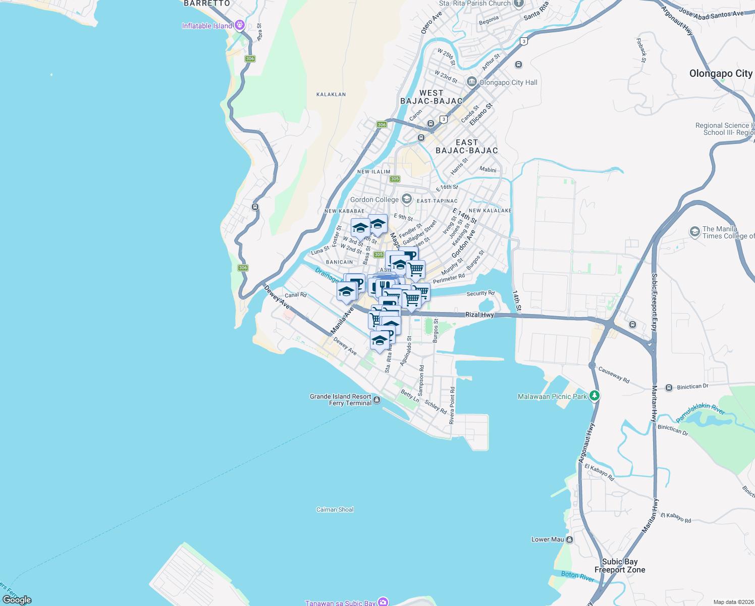 map of restaurants, bars, coffee shops, grocery stores, and more near Ayala Harbor Point lane 1 in Subic Bay Freeport Zone