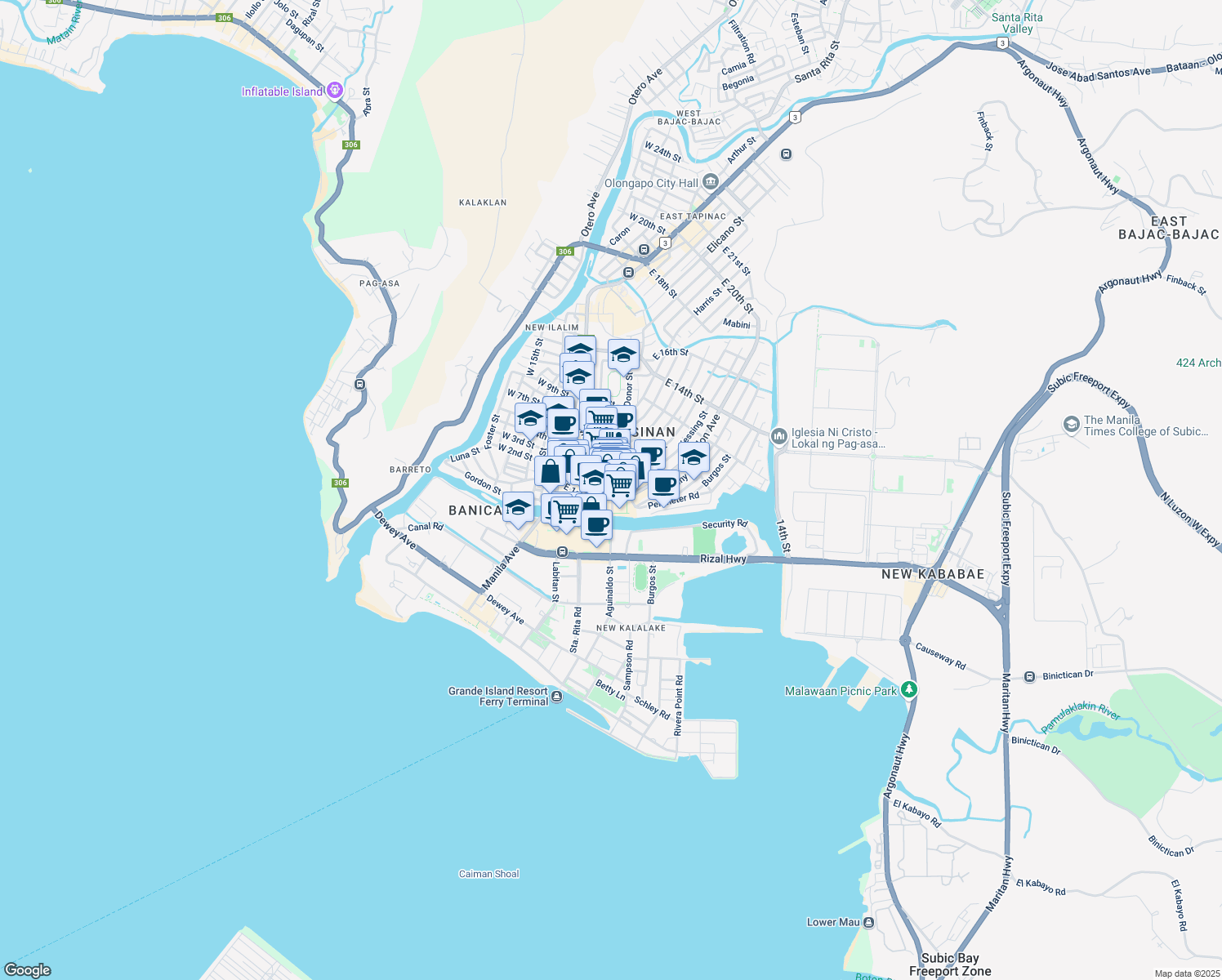 map of restaurants, bars, coffee shops, grocery stores, and more near East 1st Street in Olongapo