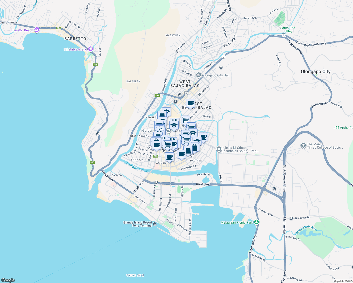 map of restaurants, bars, coffee shops, grocery stores, and more near Fendler Street in Olongapo City