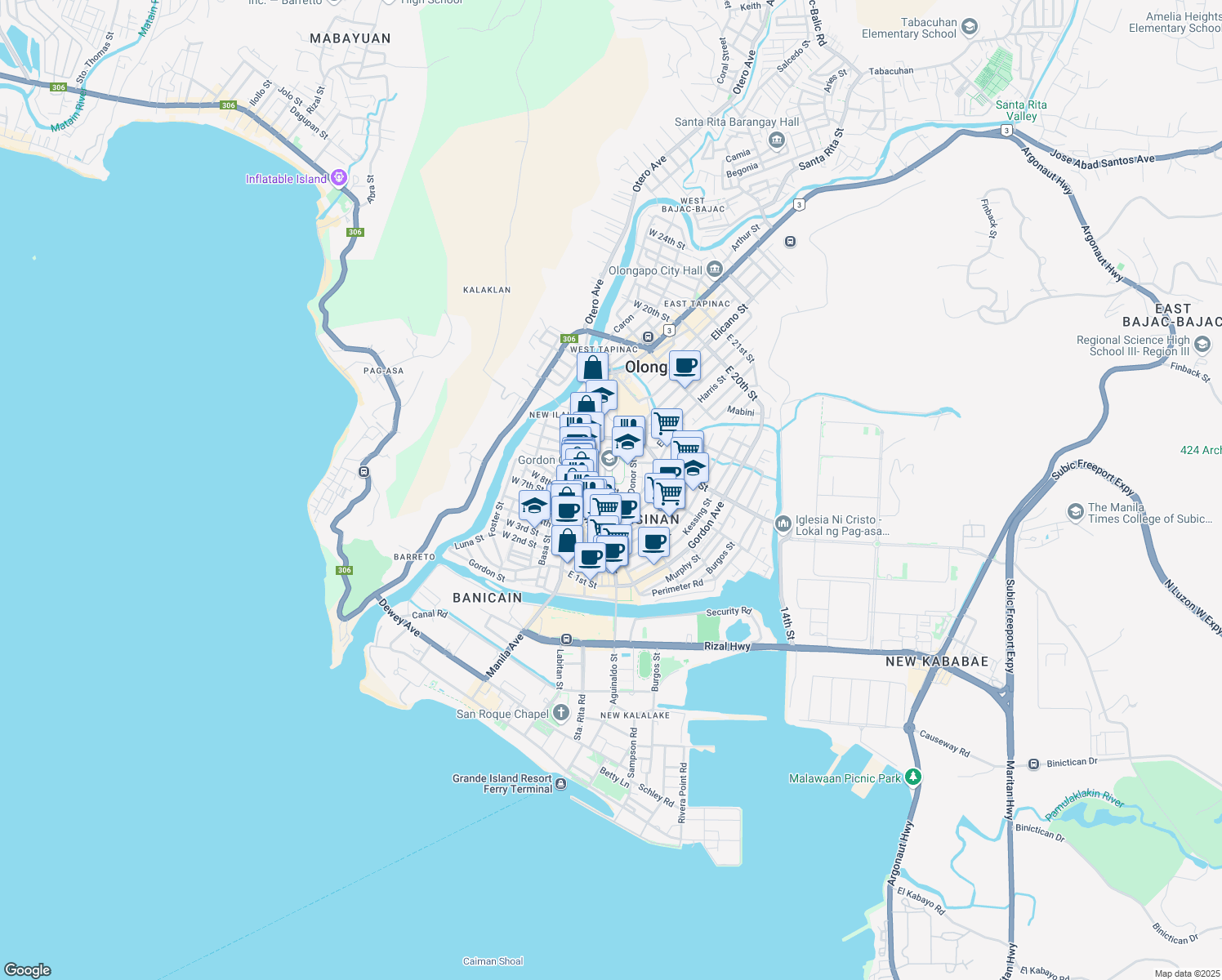 map of restaurants, bars, coffee shops, grocery stores, and more near East 9th St. in Olongapo City