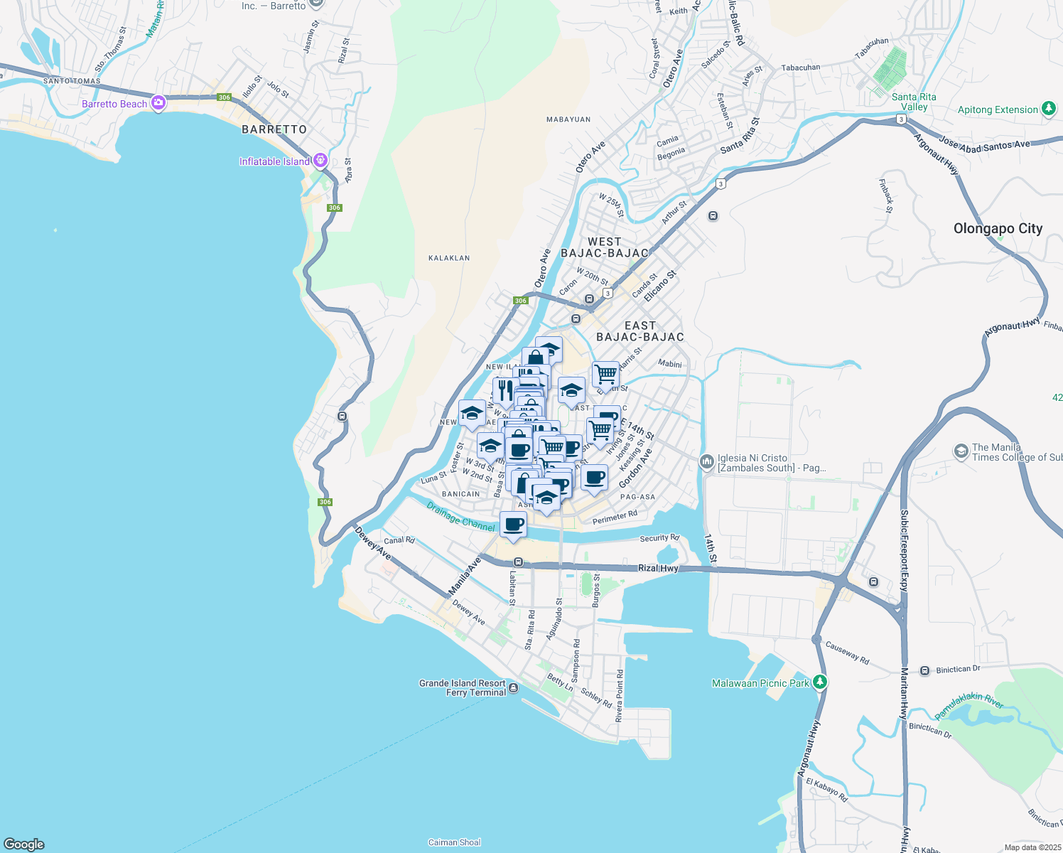 map of restaurants, bars, coffee shops, grocery stores, and more near Rizal Avenue Extension in Olongapo City