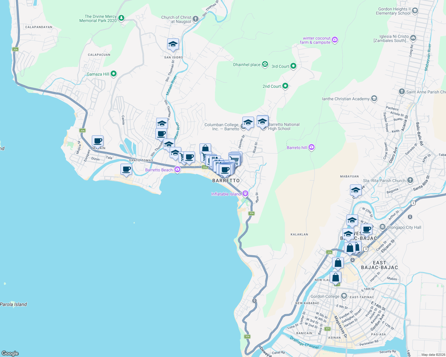 map of restaurants, bars, coffee shops, grocery stores, and more near Macaraeg Street in Olongapo City