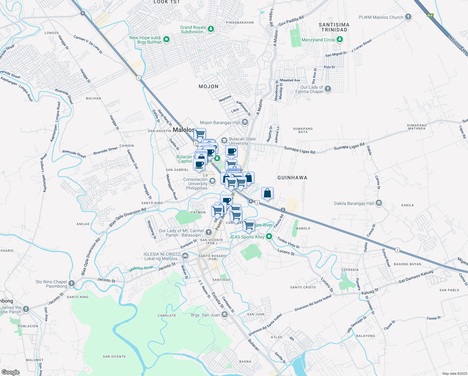 map of restaurants, bars, coffee shops, grocery stores, and more near 103 MacArthur Highway in Malolos