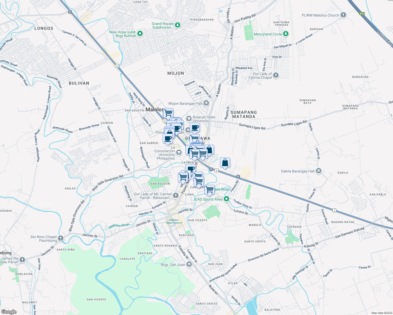 map of restaurants, bars, coffee shops, grocery stores, and more near 103 MacArthur Highway in Malolos