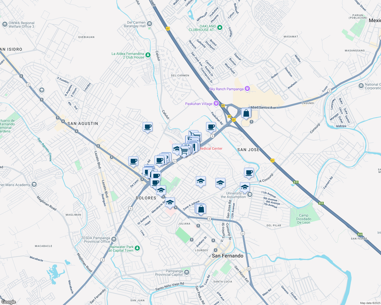 map of restaurants, bars, coffee shops, grocery stores, and more near Jose Abad Santos Avenue in San Fernando