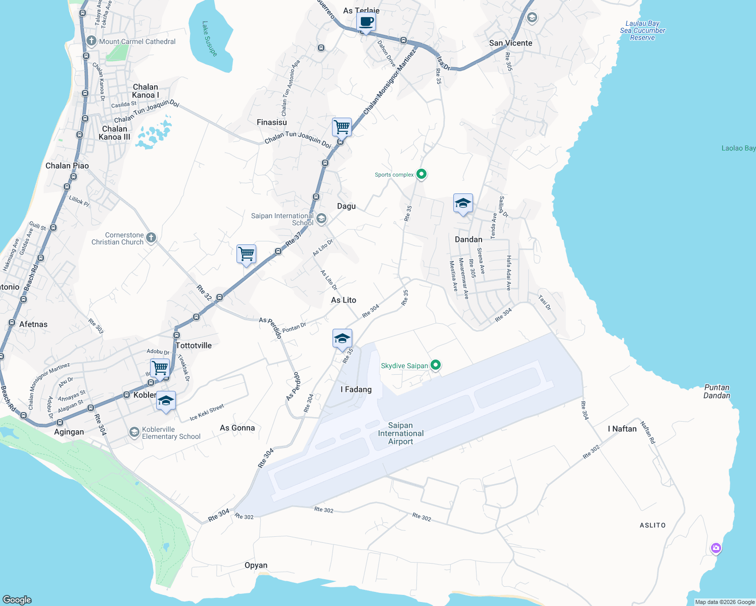 map of restaurants, bars, coffee shops, grocery stores, and more near Flame Tree Road in Saipan