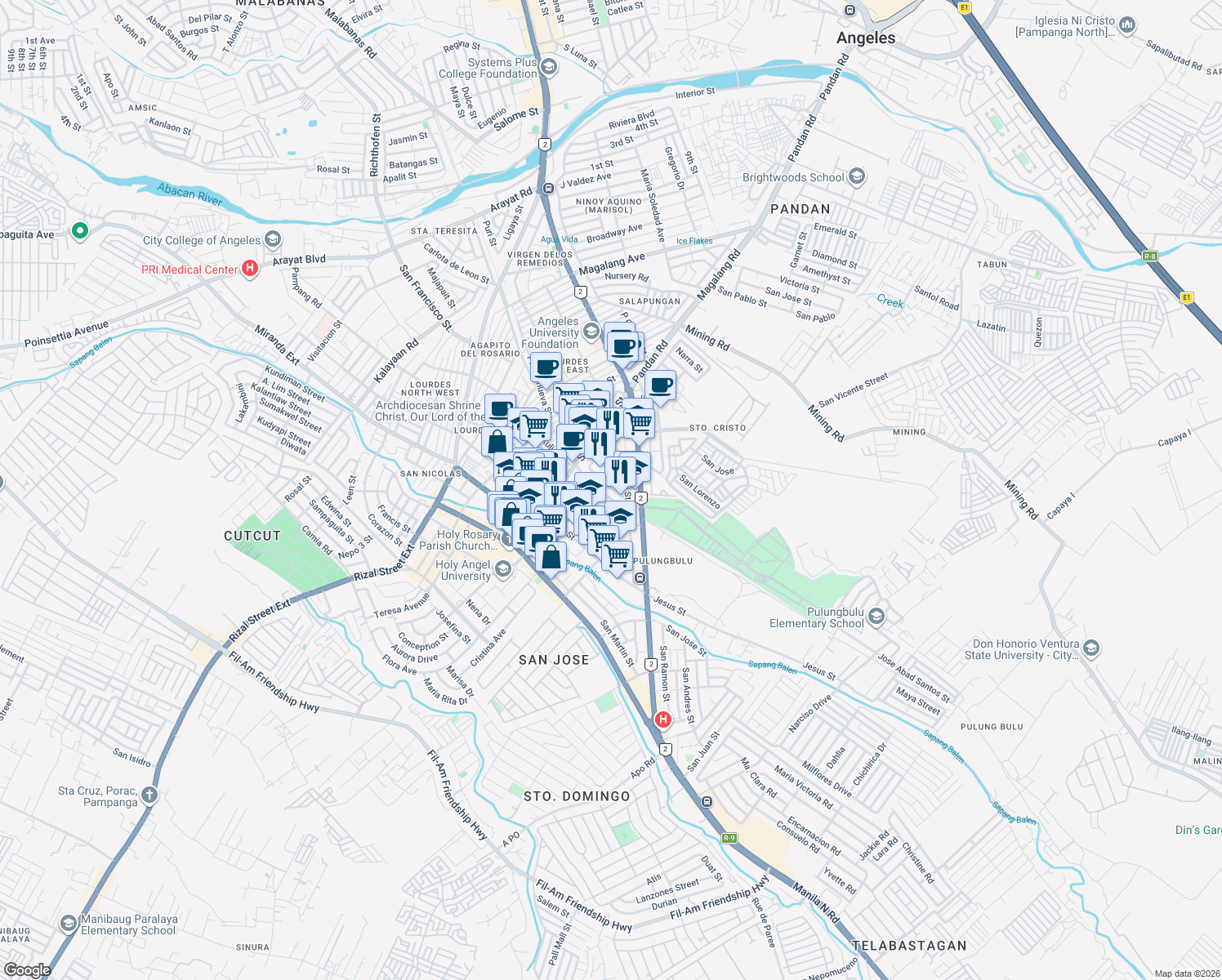 map of restaurants, bars, coffee shops, grocery stores, and more near J. Surla Street in Angeles City
