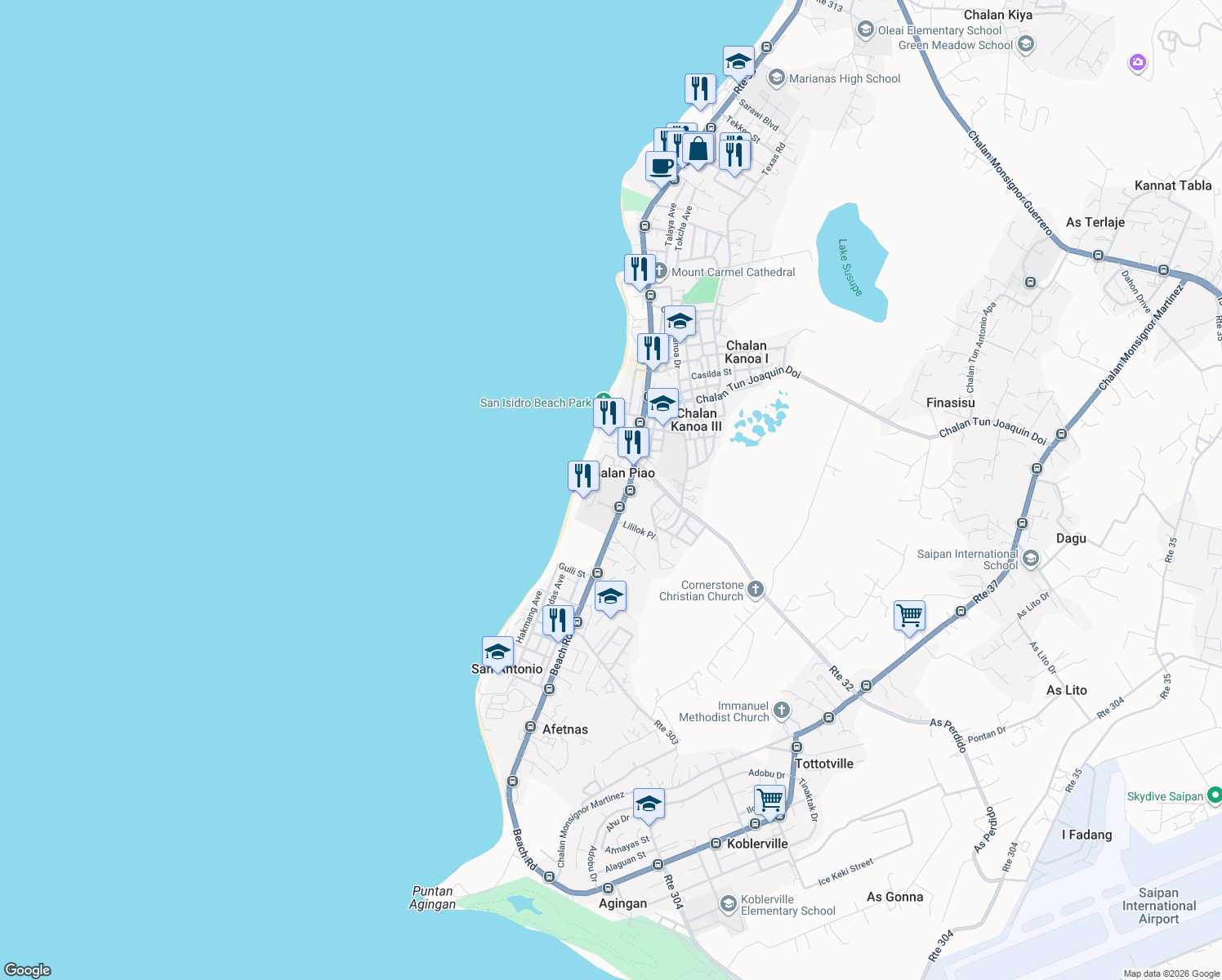 map of restaurants, bars, coffee shops, grocery stores, and more near in Chalan Piao