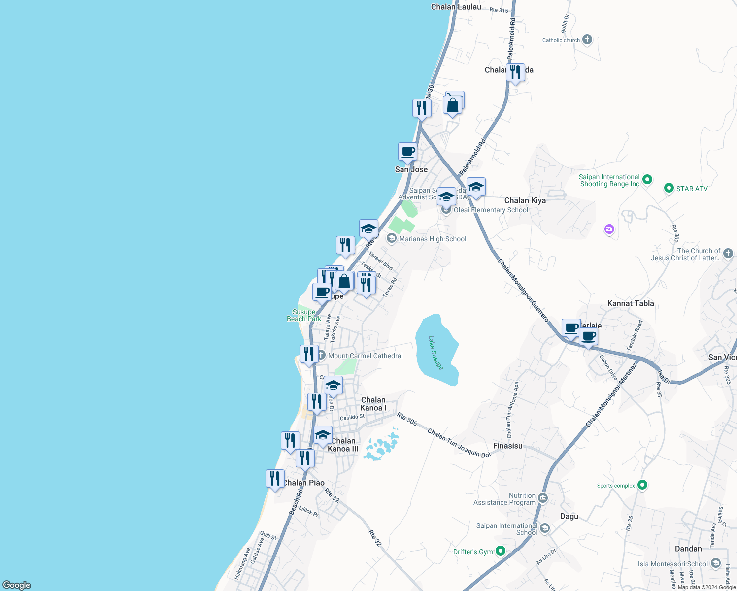 map of restaurants, bars, coffee shops, grocery stores, and more near Nauru Loop in Susupe