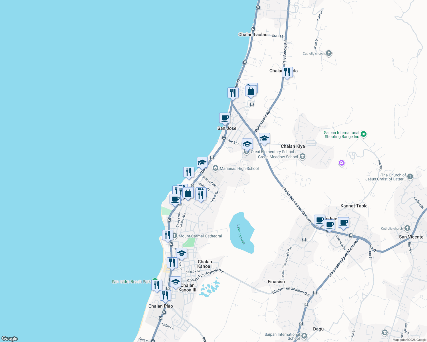 map of restaurants, bars, coffee shops, grocery stores, and more near Texas Road in Susupe