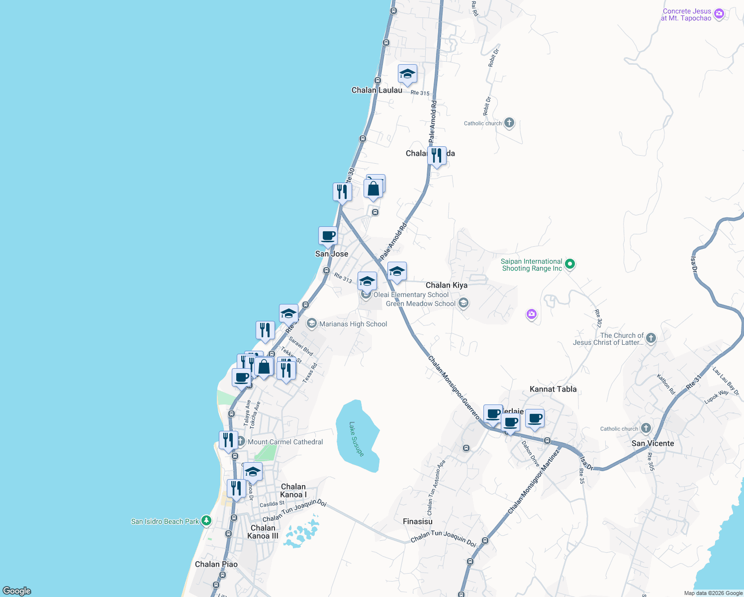map of restaurants, bars, coffee shops, grocery stores, and more near Oleai Street in Susupe