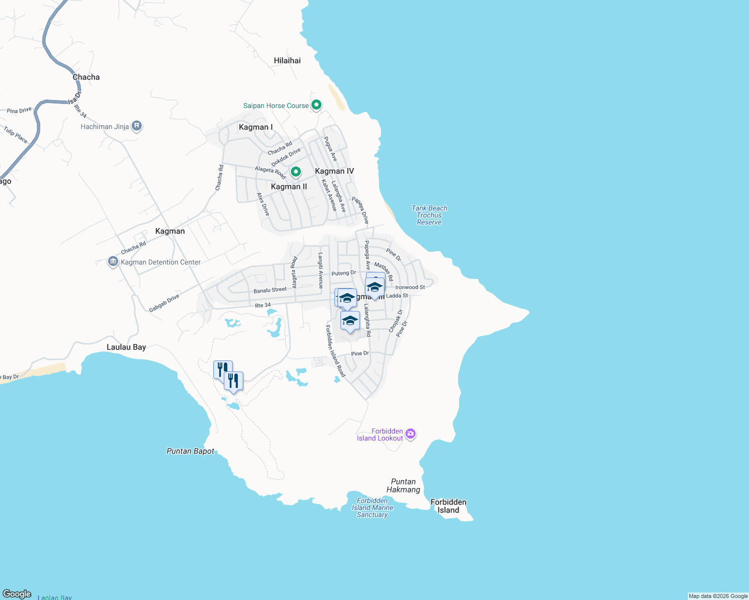 map of restaurants, bars, coffee shops, grocery stores, and more near Half Flower Street in Kagman