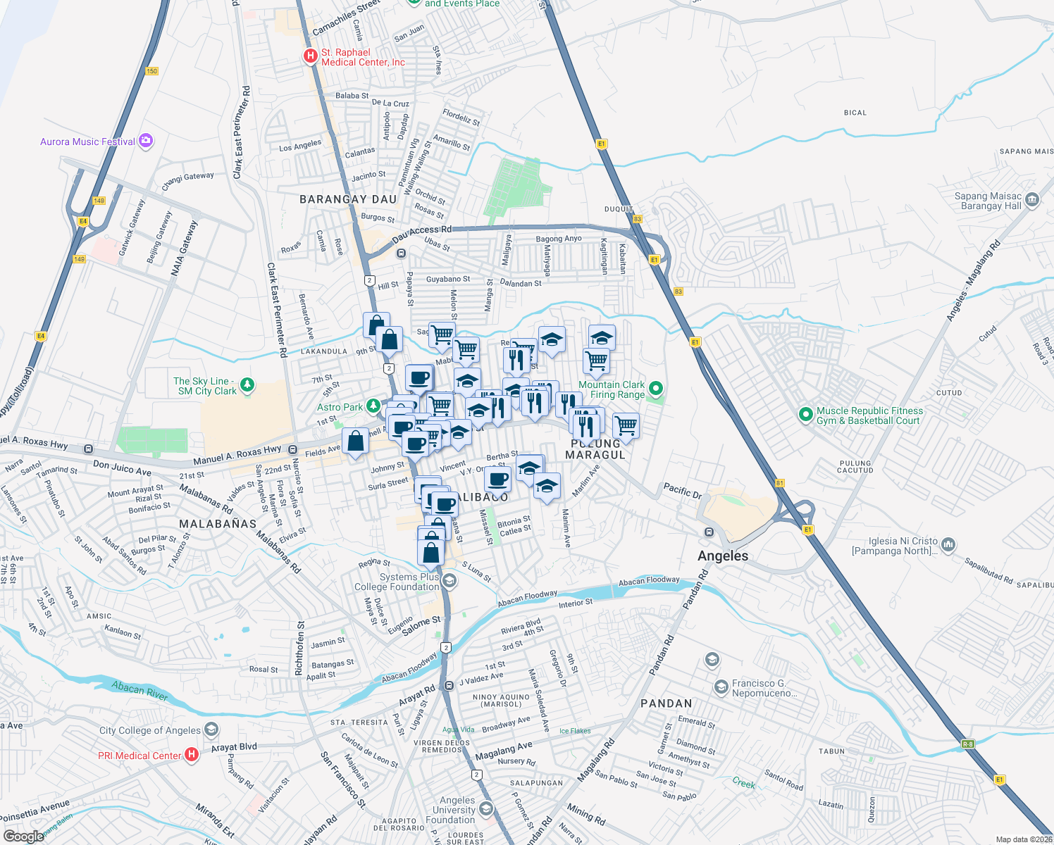 map of restaurants, bars, coffee shops, grocery stores, and more near Aniceto Gueco Street in Angeles City