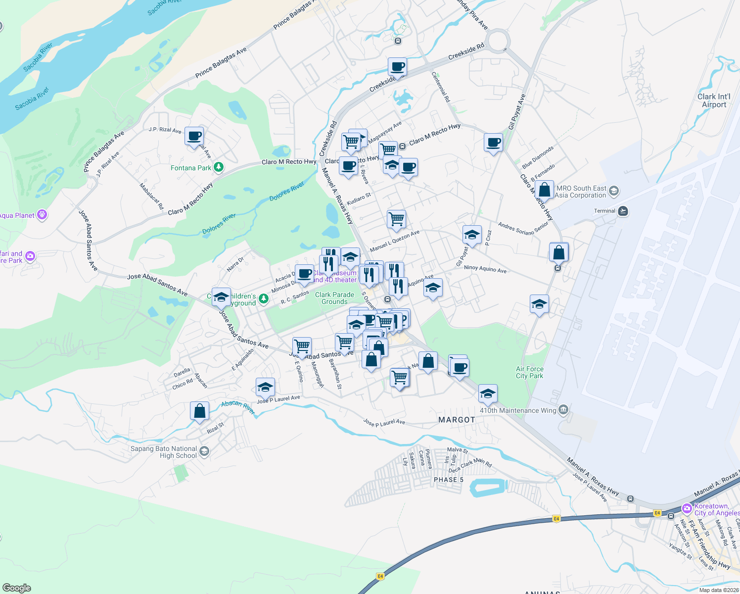 map of restaurants, bars, coffee shops, grocery stores, and more near in Angeles