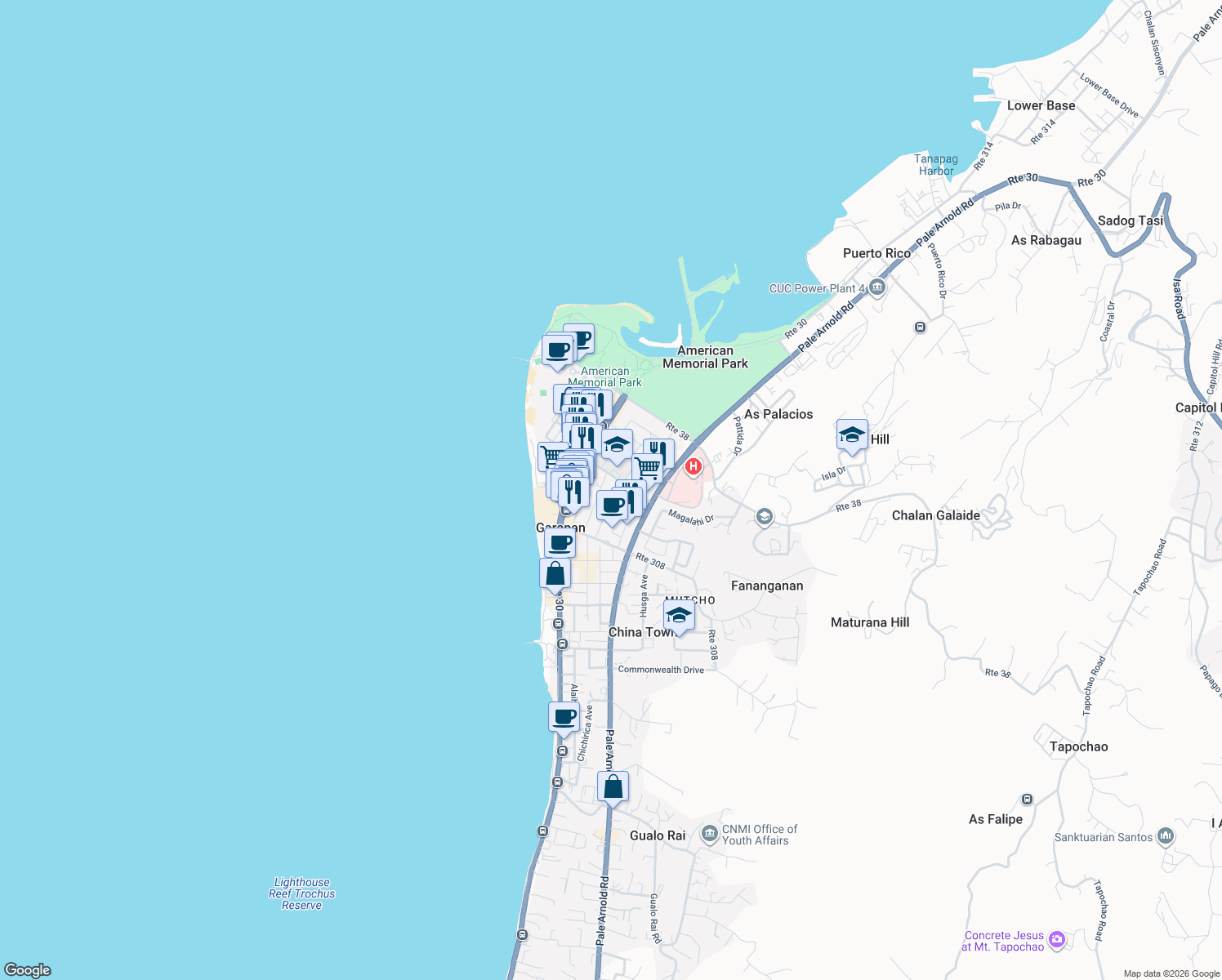map of restaurants, bars, coffee shops, grocery stores, and more near Filooris Ave in Garapan