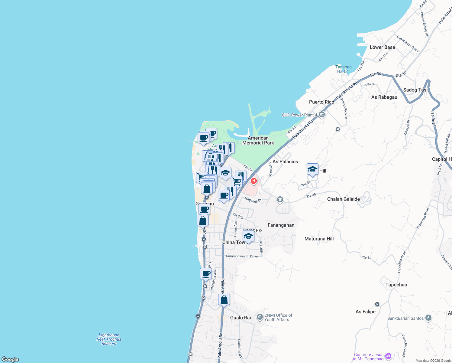 map of restaurants, bars, coffee shops, grocery stores, and more near Filooris Ave in Garapan
