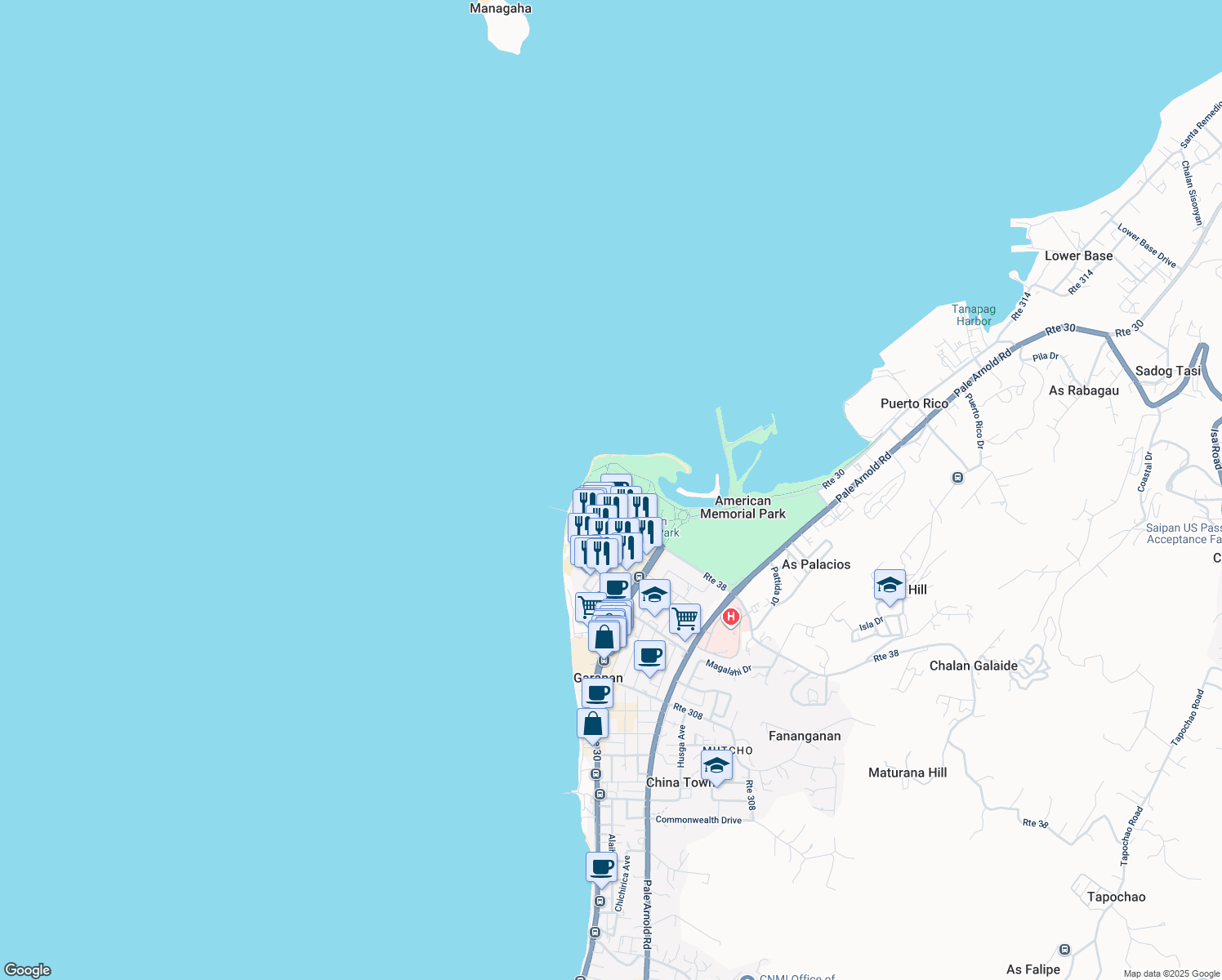 map of restaurants, bars, coffee shops, grocery stores, and more near Micro Beach Road in Garapan