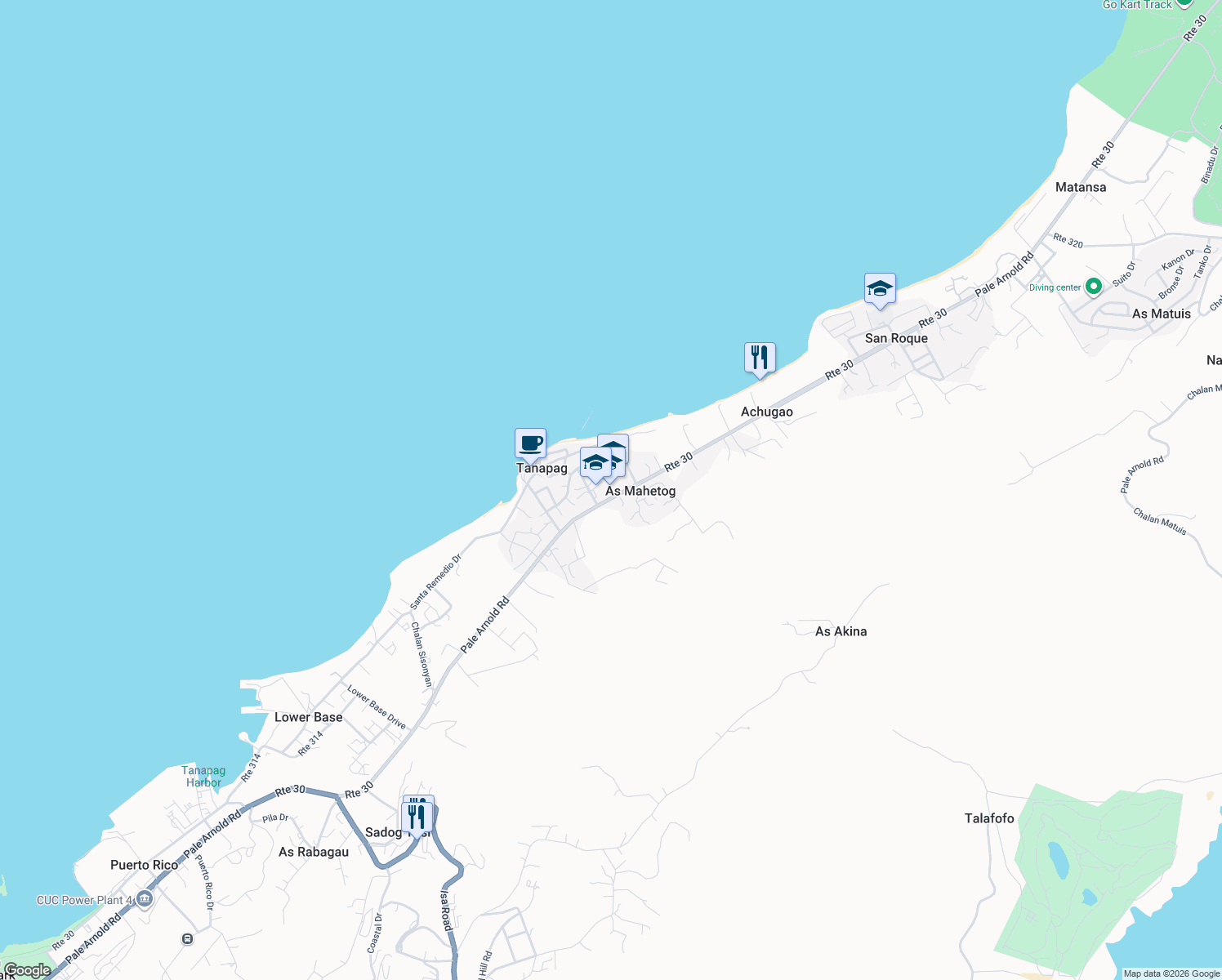 map of restaurants, bars, coffee shops, grocery stores, and more near Middle Road in Tanapag