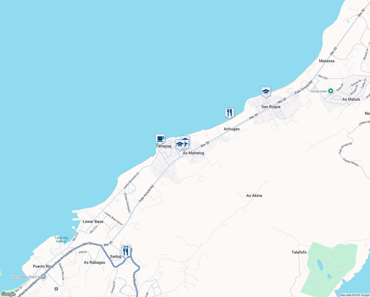map of restaurants, bars, coffee shops, grocery stores, and more near Middle Road in Tanapag
