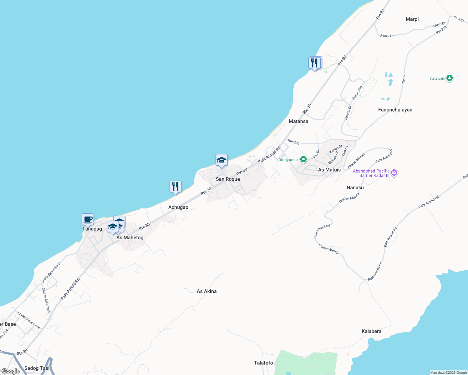 map of restaurants, bars, coffee shops, grocery stores, and more near Mamate Loop in San Roque