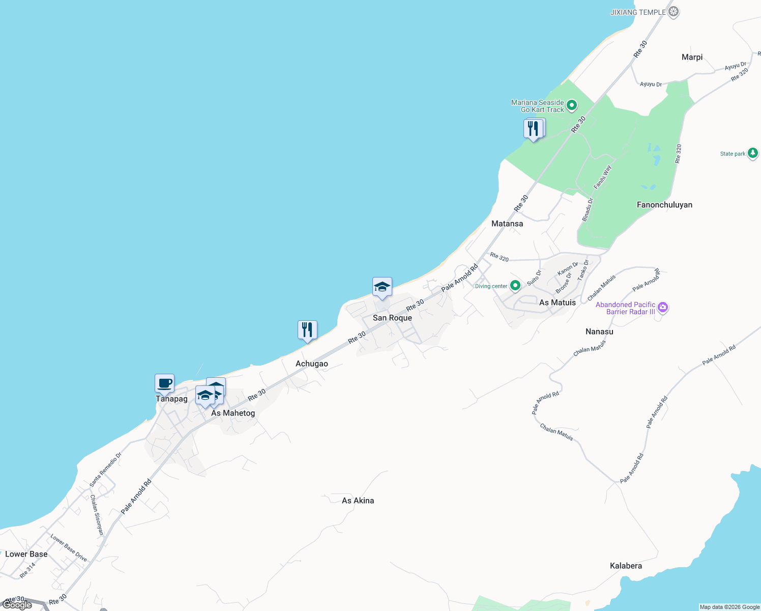 map of restaurants, bars, coffee shops, grocery stores, and more near Mamate Loop in San Roque