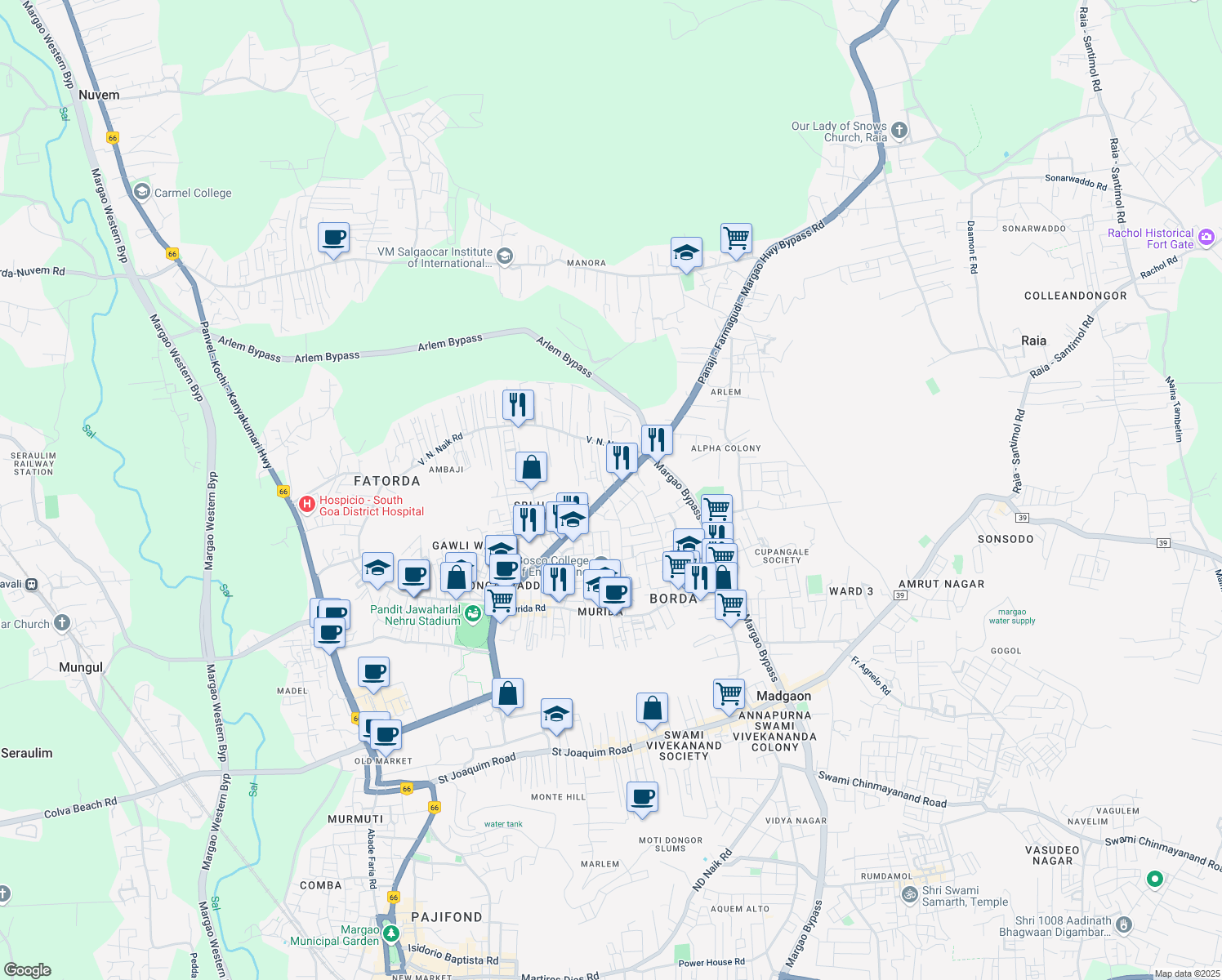 map of restaurants, bars, coffee shops, grocery stores, and more near Margao to Ponda Highway in Loutolim