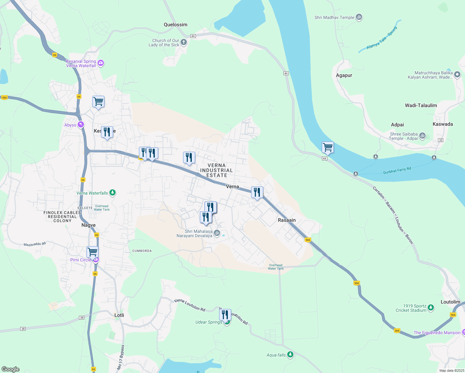 map of restaurants, bars, coffee shops, grocery stores, and more near National Highway 566 in Verna