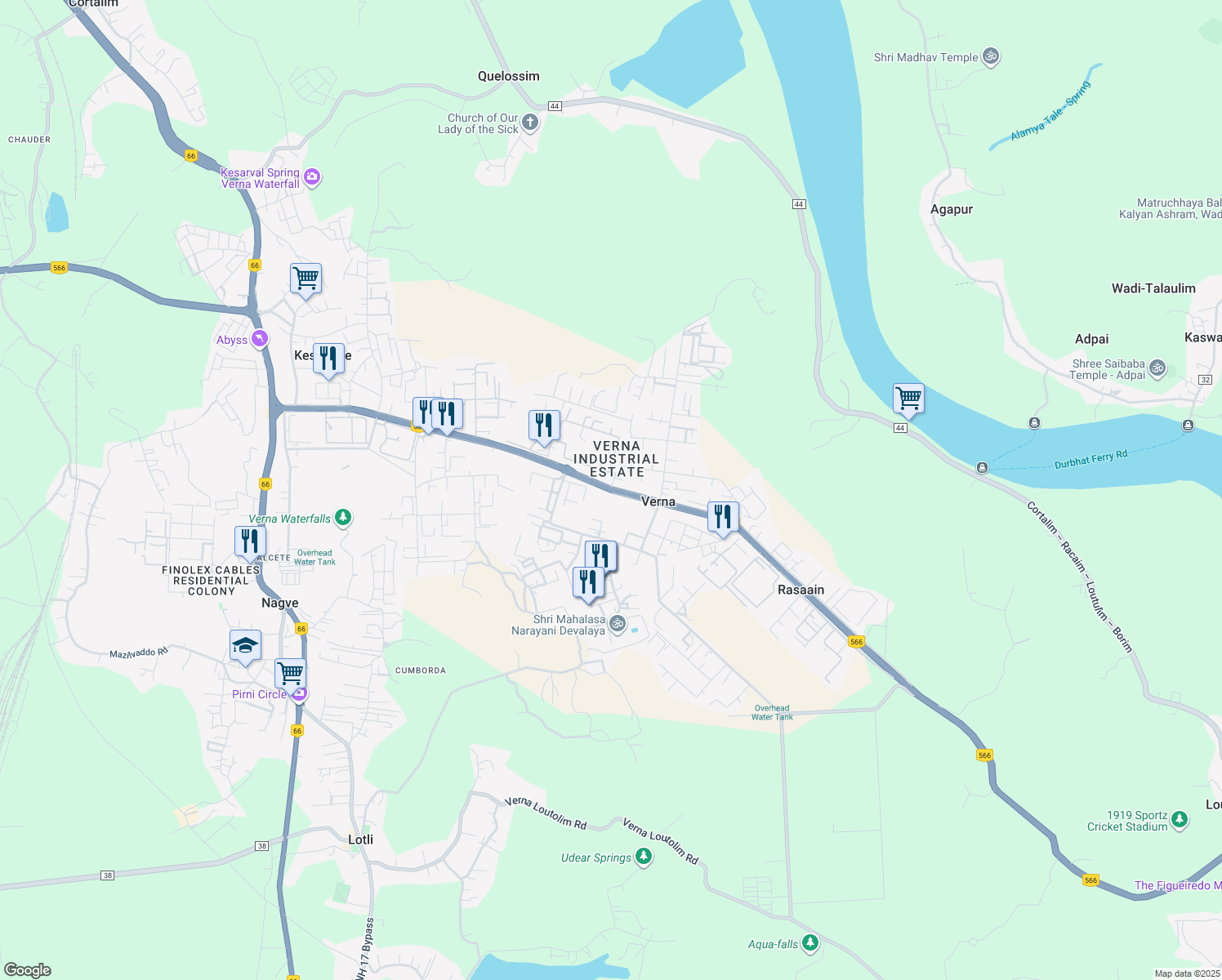 map of restaurants, bars, coffee shops, grocery stores, and more near National Highway 566 in Verna