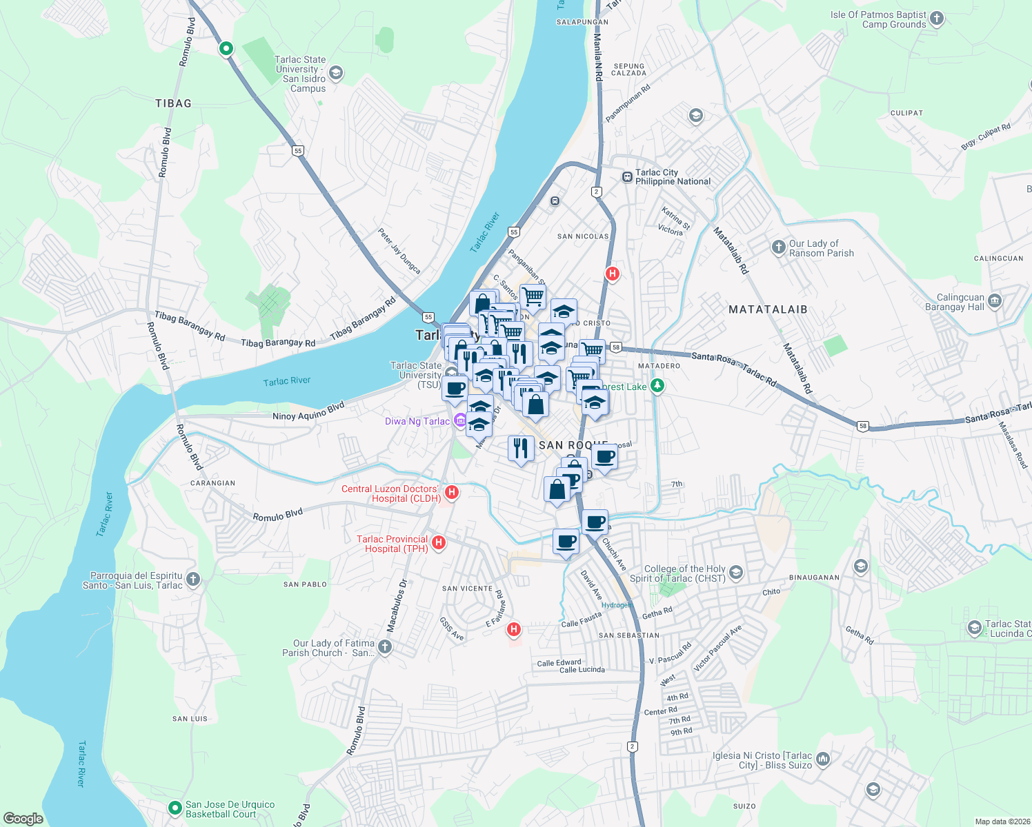 map of restaurants, bars, coffee shops, grocery stores, and more near Zamora Street in Tarlac City