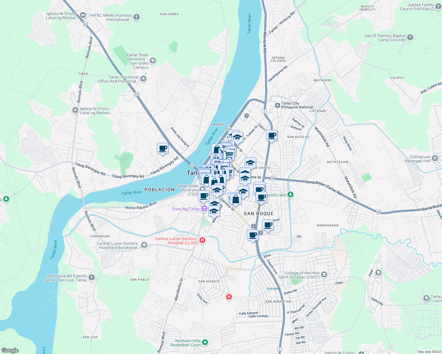 map of restaurants, bars, coffee shops, grocery stores, and more near Rizal Street in Tarlac City