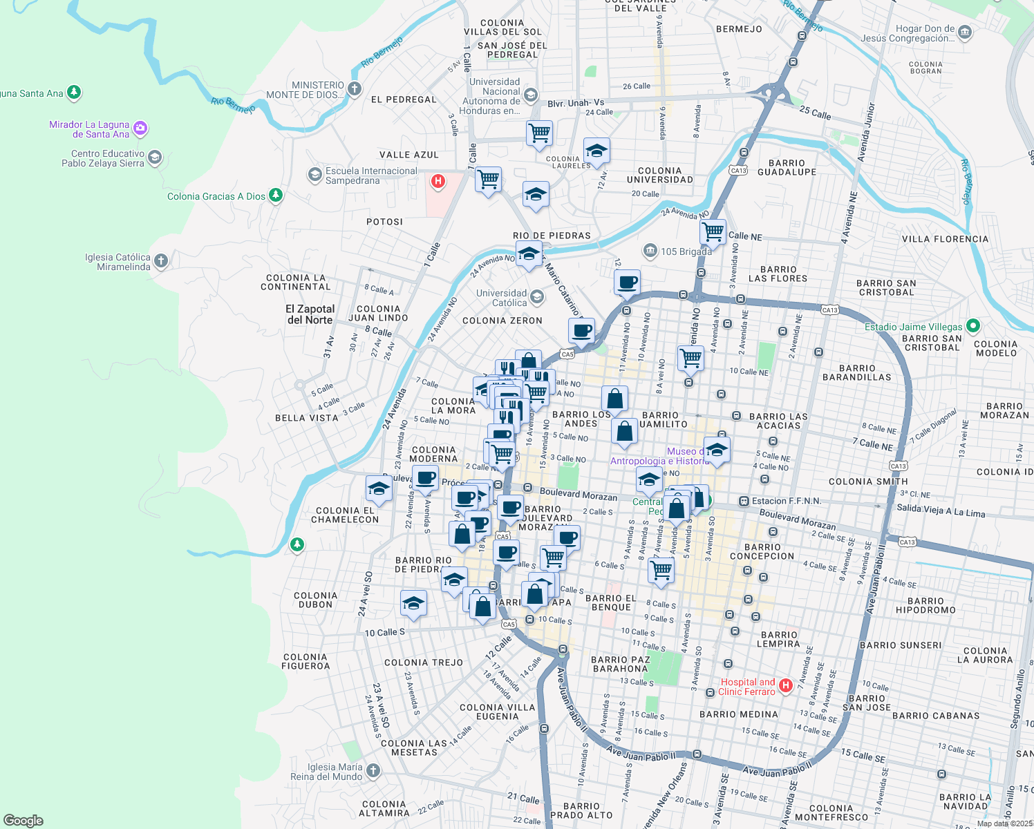 map of restaurants, bars, coffee shops, grocery stores, and more near Avenida Circunvalacion in San Pedro Sula