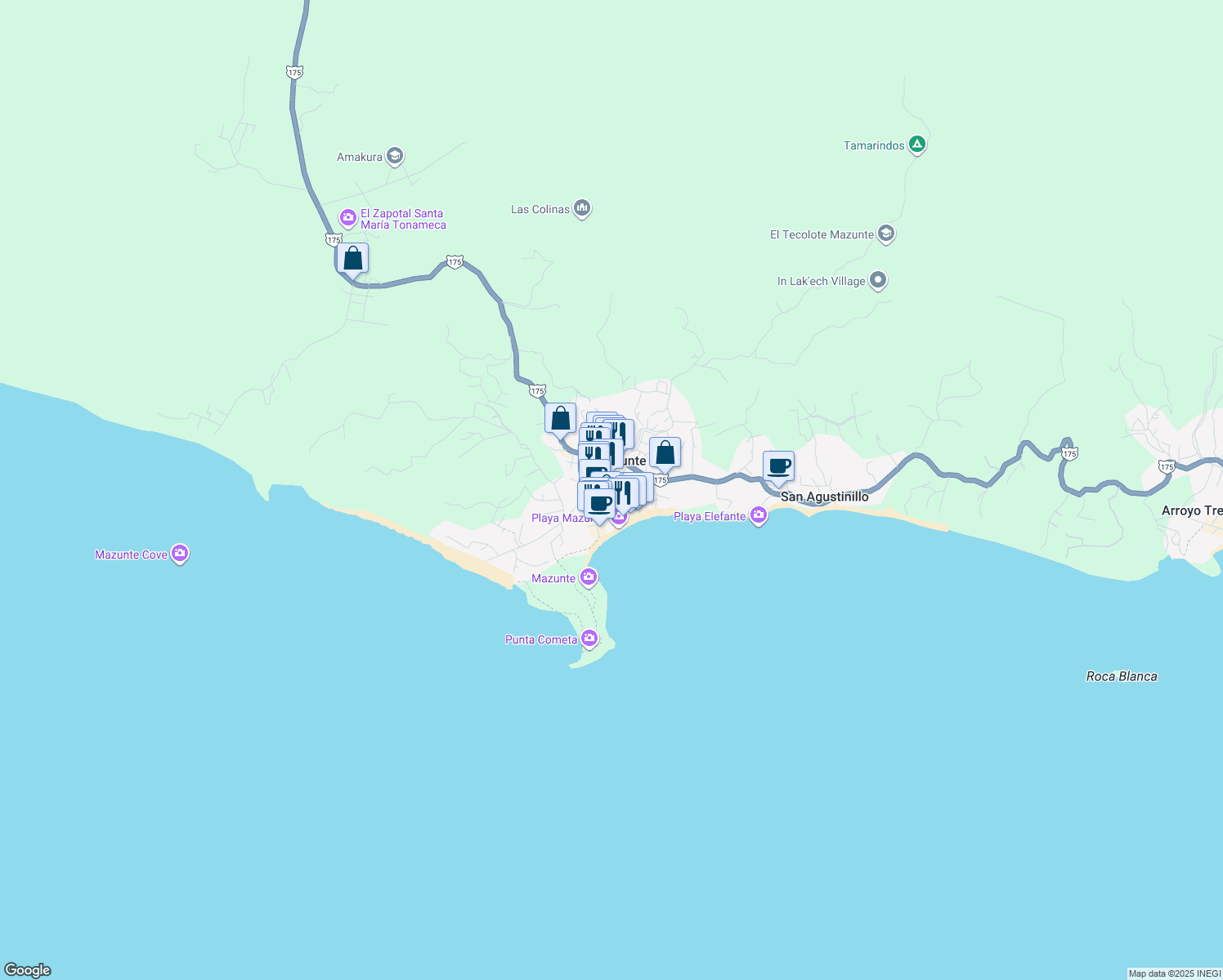 map of restaurants, bars, coffee shops, grocery stores, and more near Barrita in Mazunte