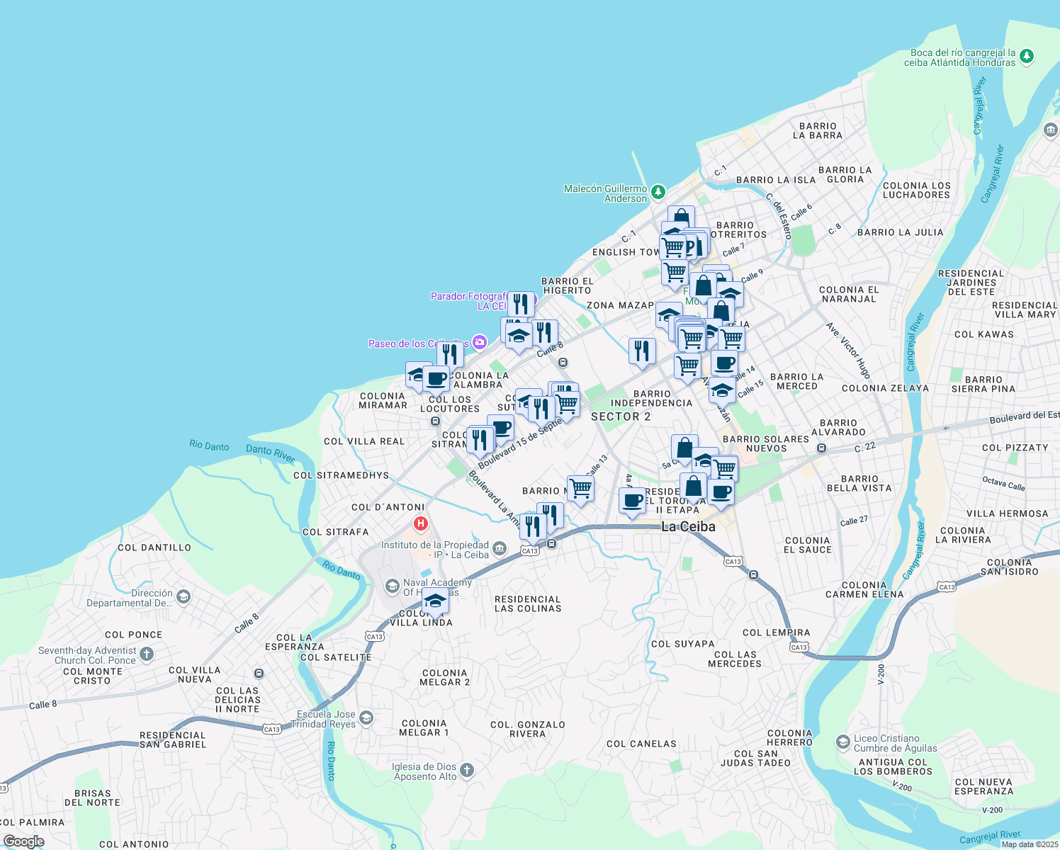 map of restaurants, bars, coffee shops, grocery stores, and more near Boulevard 15 de Septiembre in La Ceiba