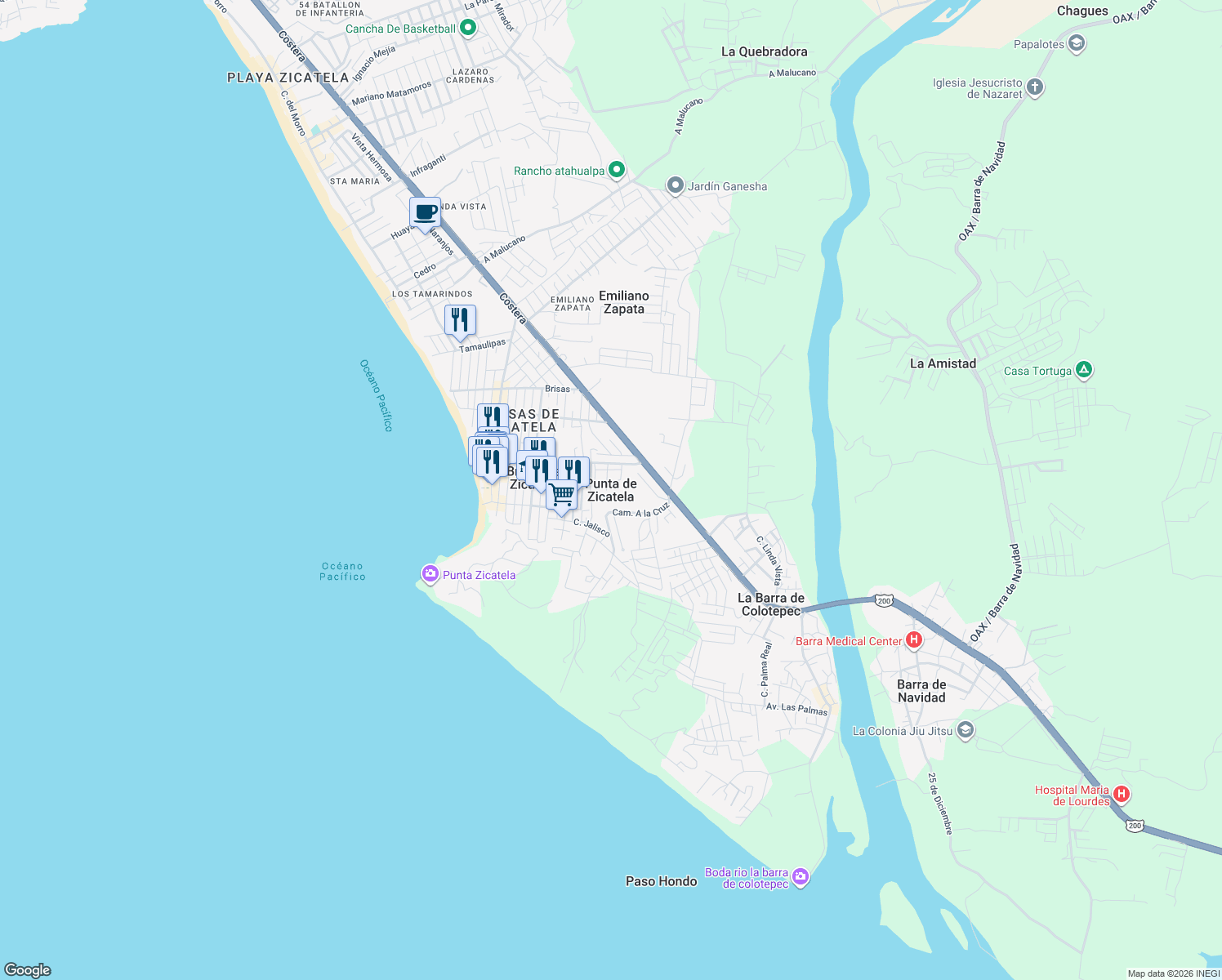 map of restaurants, bars, coffee shops, grocery stores, and more near in Punta de Zicatela