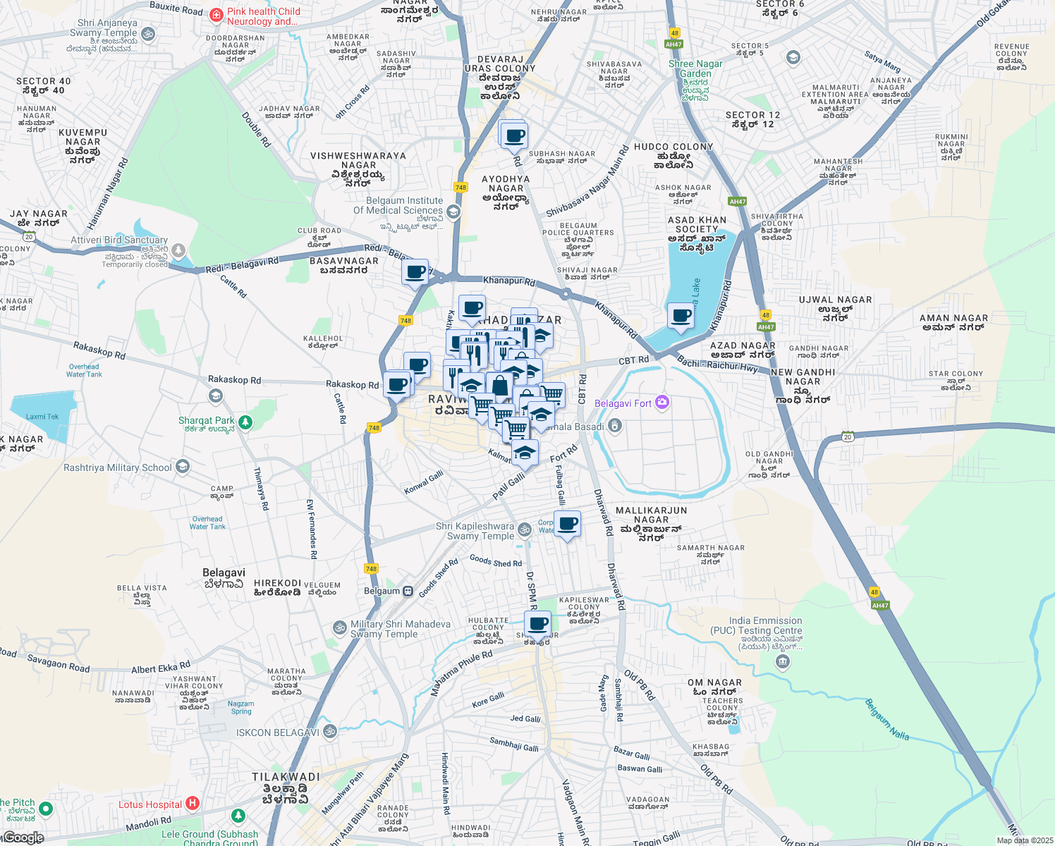 map of restaurants, bars, coffee shops, grocery stores, and more near Bhendi Bazar in Belgaum