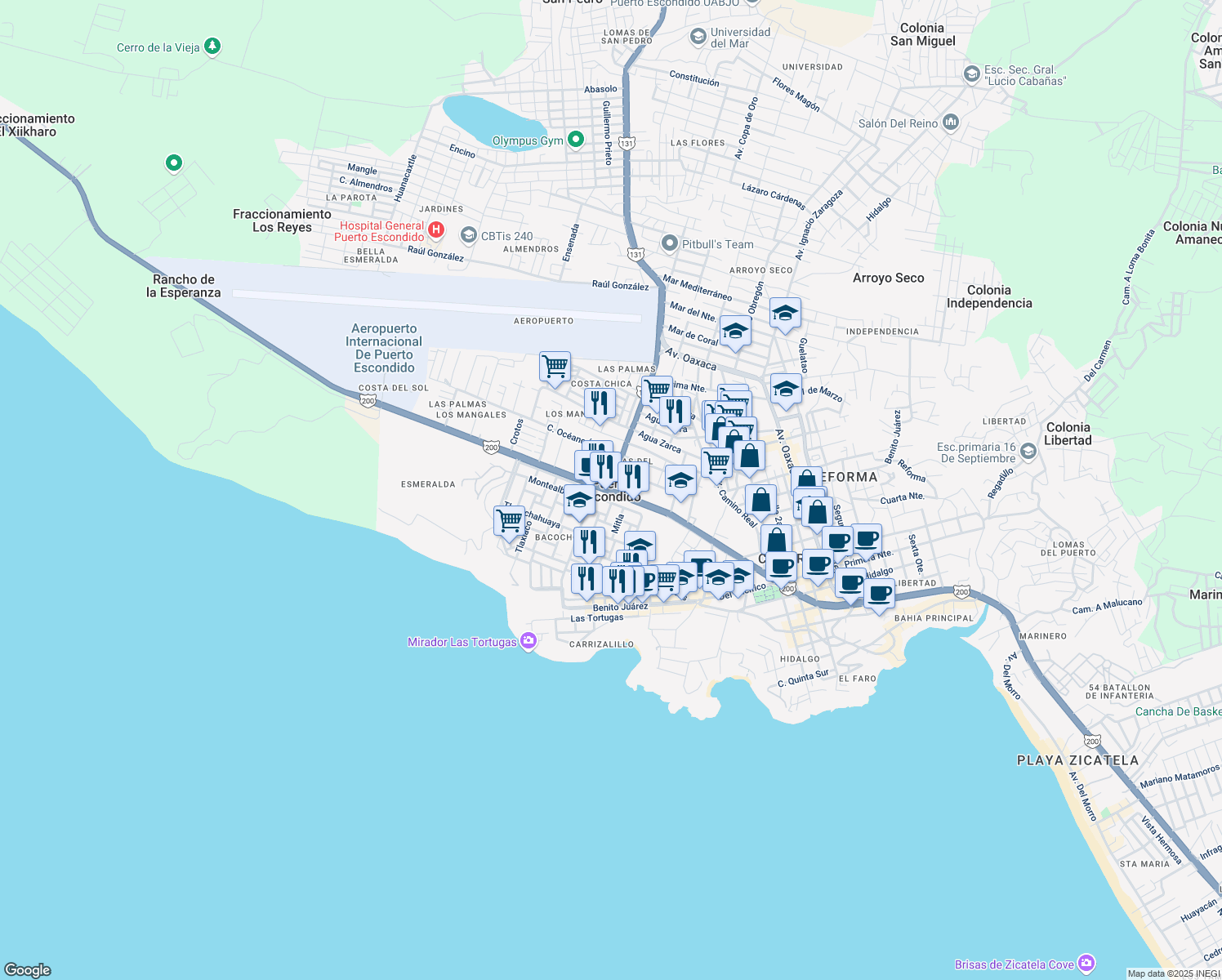 map of restaurants, bars, coffee shops, grocery stores, and more near in Puerto Escondido