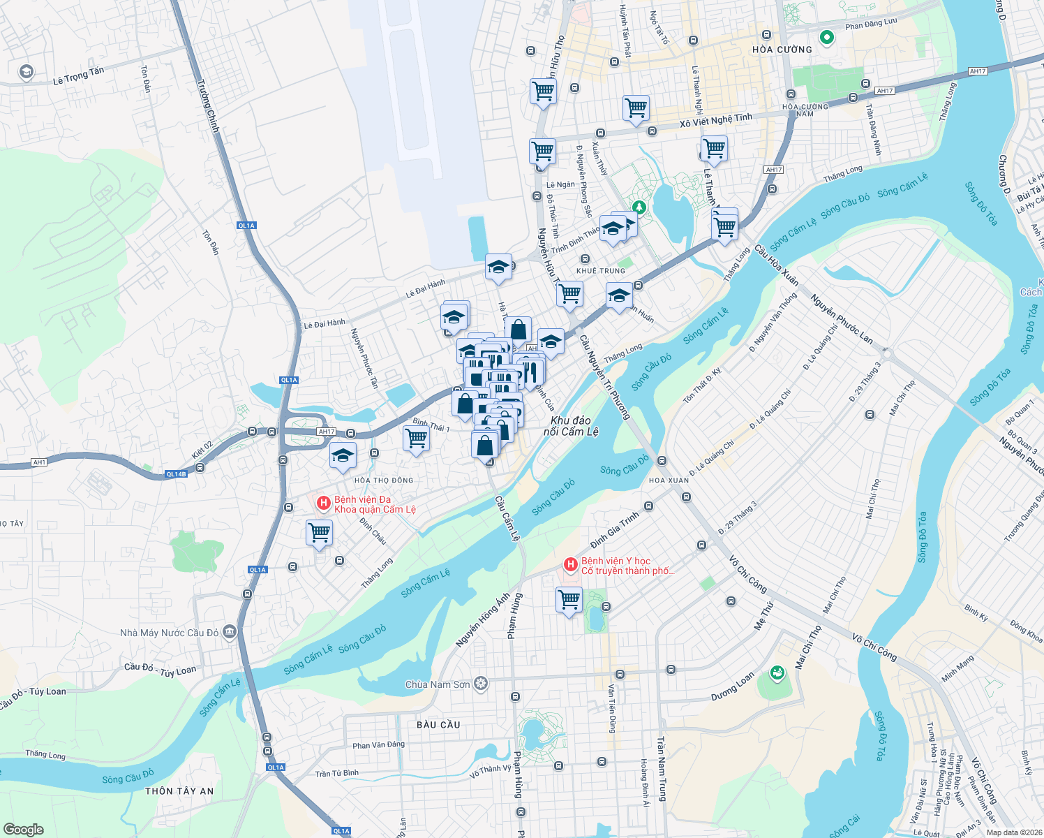 map of restaurants, bars, coffee shops, grocery stores, and more near 53 Lê Văn Linh in Cẩm Lệ