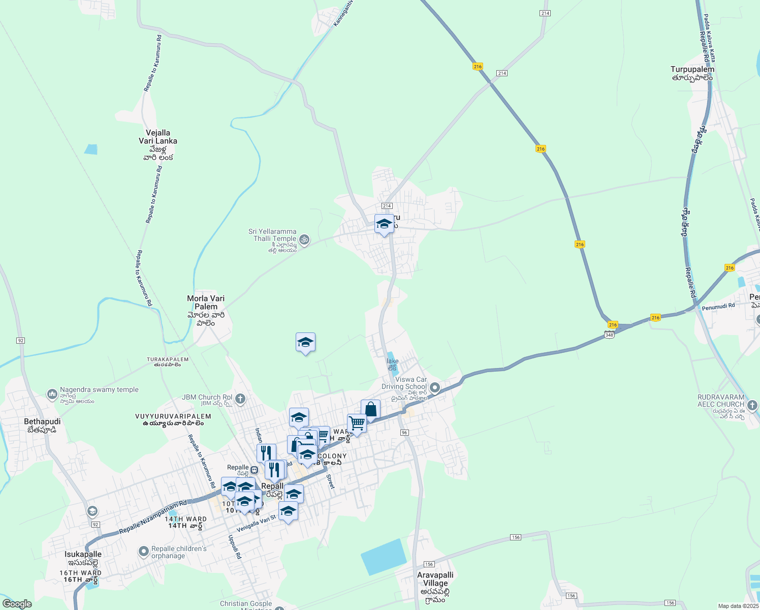 map of restaurants, bars, coffee shops, grocery stores, and more near Main Road in Peteru