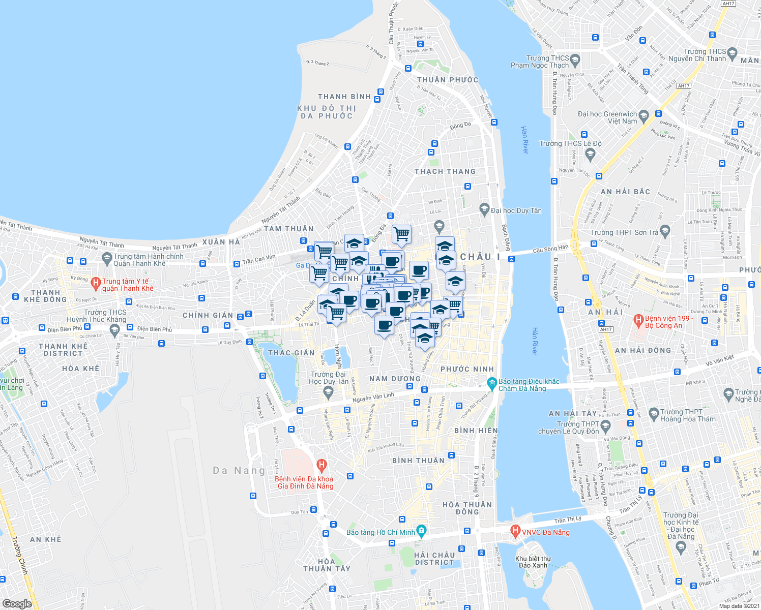 map of restaurants, bars, coffee shops, grocery stores, and more near 244 Ông Ích Khiêm in Hải Châu